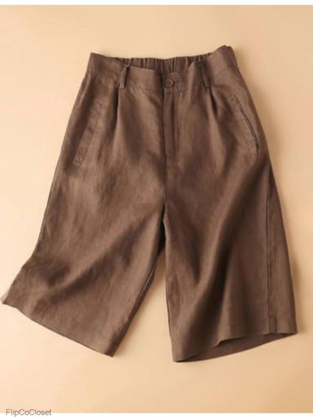 High Waisted Pleated Wide Leg Bermuda Shorts with Pockets Cotton Linen Blend - Picture 2 of 3